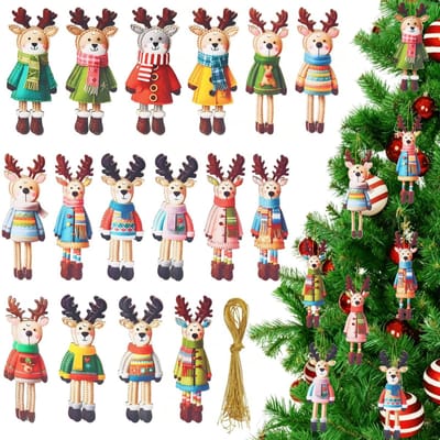 Dailygoods- Kerstboom Hangers 32 Stuks - Houten Kerstdecoratie - Rendier Versiering - Boomversiering - Feestdecoratie - 16 Motieven