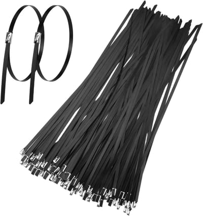 50 Stuks Zwarte Zelfsluitende RVS Kabelbinders 300mm x 4.6mm, Sterk en UV-bestendig, Perfect voor Tent, Hek en Grondstoffen