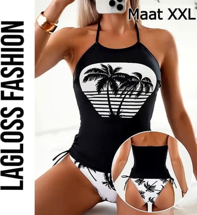 LaGloss® Tankini Set Zwart Wit Palmbomen – 2-Delige Badmode met High-Waist & Strikdetail – Maat XXL