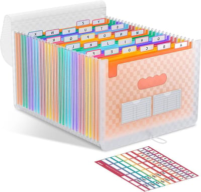 Draagbare Accordeon Bestandsorganizer met 26 Compartimenten en Multikleurige Tabs voor A4 en Briefformaat - Ideaal voor Kantoor en Thuisgebruik