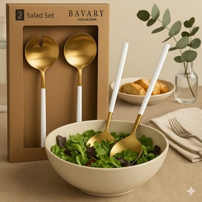 Bavary Collection 2-delige Saladebestek Set – Goud met Witte Handgreep – Luxe Slacouvert – RVS Saladebestek – 2 stuks