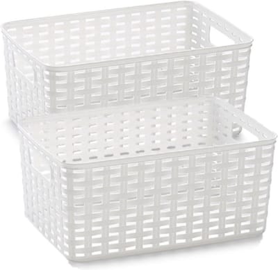 3x stuks rotan gevlochten opbergmand/opbergbox kunststof - Wit - 22 x 33 x 16 cm - Kast mandjes