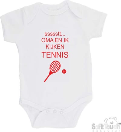 100% katoenen Romper "ssssstt... Oma en ik kijken tennis" Unisex Katoen Wit/rood Maat 62/68
