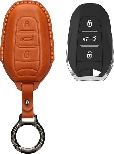 kwmobile leren autosleutel hoesje geschikt voor Peugeot Citroen 3-knops Smartkey autosleutel (alleen Keyless Go) - Als sleutelhanger met sleutelring - Echt leer in bruin