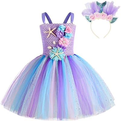 Robe Tutu Sirène pour Filles Thème Sous-Marin Fête d'Anniversaire Costumes de Carnaval avec Bandeau à Fleurs Robes Océanique Halloween 1-12 ans 5-6T