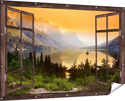 Gards Tuinposter Doorkijk Bergen met een Meer in Nationaal Park Glacier - 180x120 cm - Tuindoek - Tuindecoratie - Wanddecoratie buiten - Tuinschilderij