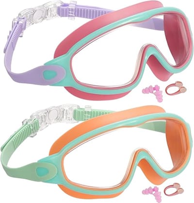 2 Pack Kinder Zwembril UV Bescherming Anti-Mist Zwembad en Zee Voor Jongens en Meisjes 3-15 Jaar - Roze en groen & oranje-groen