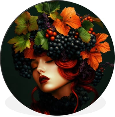 WallCircle - Wandcirkel - Muurcirkel - Vrouw - Rood - Groen - Druiven - Aluminium - Dibond - 30x30 cm - Binnen en Buiten
