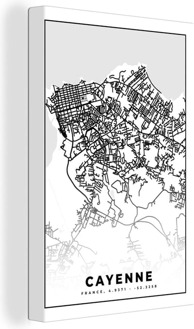 Canvas Schilderij Stadskaart - Frankrijk - Kaart - Plattegrond - Cayenne - Zwart wit - 20x30 cm - Wanddecoratie