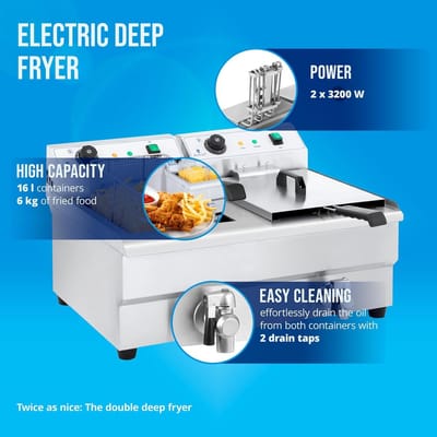 Professionele Dubbele Elektrische Friteuse - 2x 16 Liter - 60-200°C - RVS - Aftapkraan - 2x 3200W