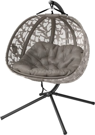 Egg Hangstoel met Standaard & Groot Zitkussen - Egg Chair voor 2 Personen - Stalen Frame - Opvouwbare Hangschommel - Schommelstoel - Tuinstoel - tot 240 kg - voor Tuin, Terras, Balkon - Zandkleur