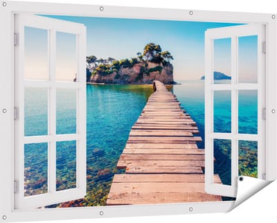 Gards Tuinposter Doorkijk Pad op het Water naar een Grieks Eiland - 150x100 cm - Tuindoek - Tuindecoratie - Wanddecoratie buiten - Tuinschilderij