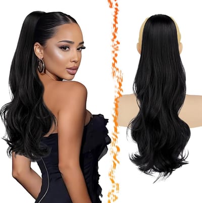 BARSDAR Golvende Paardenstaart Extensions Zwart met Trekkoord, 50cm Kam Clip in Paardenstaart Haarverlenging voor Vrouwen Synthetische Natuurlijk Kijken Krullend Zwart Ponytail Haarstukje