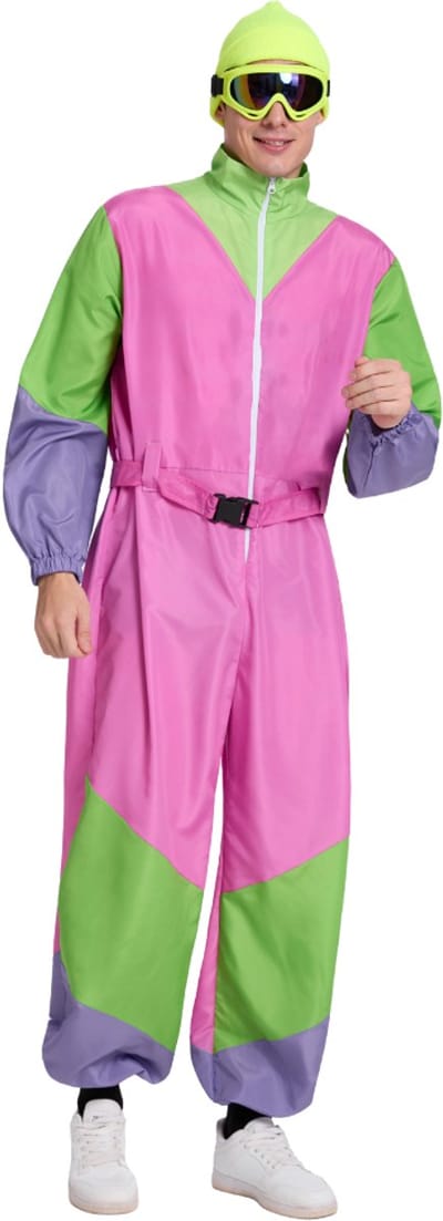 Joya Party® Retro Skipak Roze, Groen en Geel Heren | Carnavalskleding | Verkleedkleren | Vintage Ski Pak Carnaval Fluo Kleuren | Jaren 80/90 Verkleedpak Volwassenen | Foute Skipakken | Met Skibril, Muts & Riem | Verkleedkleding Man | Maat M/L