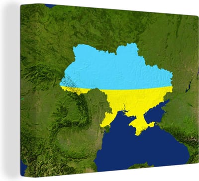 Canvas Schilderij Satellietbeeld van Oekraïne met de vlag - 120x90 cm - Wanddecoratie