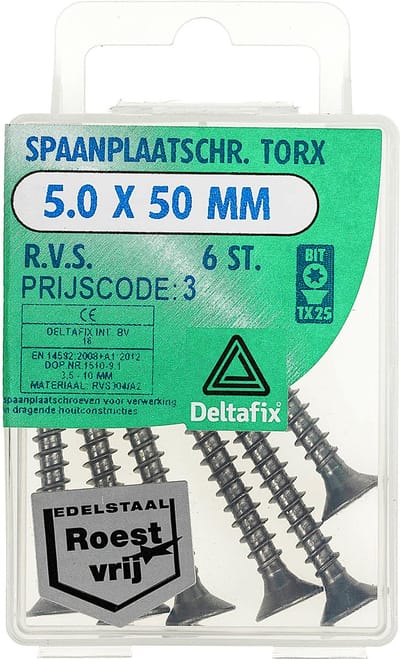 Deltafix spaanplaatschroef platkop / torx r.v.s. a2 5.0 x 50 mm 6 st.