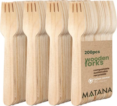 Matana – 200 Houten Wegwerp Vorkjes – Stevig, Biologisch Afbreekbaar & Composteerbaar – Voor Bruiloften, Verjaardagen, Picknick & BBQ