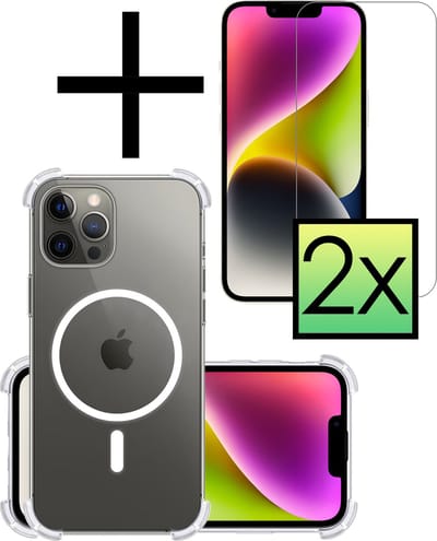 Hoesje - Met 2x Screenprotector - Geschikt voor Apple iPhone 14 Pro - Magsafe Compatible - Sterk & Shockproof - Back Cover - Shock Proof Case - Telefoon Hoes - Transparant