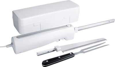 TIM® Elektrisch Broodmes - Elektrisch Mes Met Vingerbescherming – Electrisch Broodmes Inclusief Opbergdoos en Vleesvork - Wit - 49cm x 6cm x 6cm