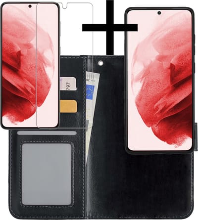 Hoesje - 2 in 1 - Geschikt voor Samsung Galaxy S21 - Met Screenprotector - En Uitneembare Hard Cover - Bookcase - Wallet Case - Met Pasjeshouder - Book Case - Uitneembaar - Pashouder - Kunstleer - Zwart