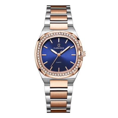 CK Aurora – Two-Tone Rosegold with Blue Curved Square Dial & Stone Accents - ClaudiaKoch CK 4321