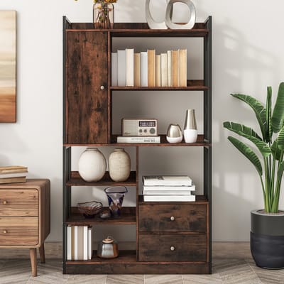 Gutent Boekenkast, Antiek Bruin, 6 Planken, Staand met Deuren en laden, industriële stijl, staal