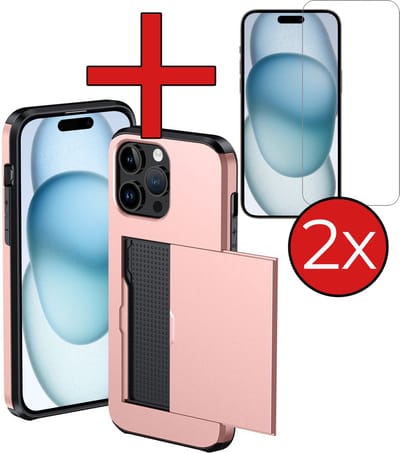 Hoesje Geschikt voor iPhone 15 Pro Hoesje Met Pasjeshouder Hard Case Met Kaarthouder Met 2x Screenprotector - Hoes Geschikt voor iPhone 15 Pro Hoesje Pashouder Case - Rosé goud