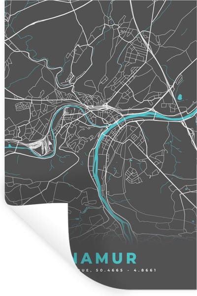 Muurstickers - Sticker Folie - Plattegrond – Namur – Blauw – Stadskaart - Kaart - België - 20x30 cm - Plakfolie - Muurstickers Kinderkamer - Zelfklevend Behang - Zelfklevend behangpapier - Stickerfolie