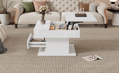 Wishdor - Salontafel - Draaibaar En Hefbaar Tafelblad - Modern - Voor Woonkamer - Spaanplaat - Wit - 70 X 70 X 45 Cm
