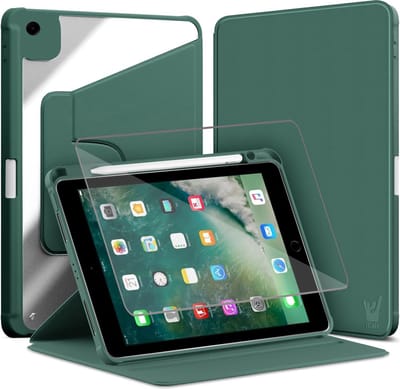 Hoes met Screenprotector geschikt voor iPad 9.7 inch 2018-2017 / iPad Air 1 & Air 2 - Book Case Premium Sleep Cover Kunstleer 360 Graden Draaibaar met Auto/Wake Functie en Pencilhouder - Groen