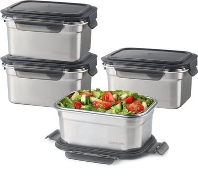 Lock&Lock RVS Vershoudbakjes met deksel - RVS bakjes - Bewaarbakjes - Diepvriesbakjes - Meal prep bakjes - RVS Lunchbox - Broodtrommel - Lunchtrommel - Roestvrijstaal - Lekvrij - BPA vrij - PFAS vrij - Set van 4 stuks - 1 liter