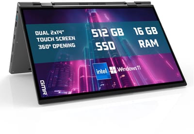 GMR - DUAL YOGA 360° Laptop - 2 x 14 Inch 2.2K Dual Touchscreen + Toetsenbord Cover - Intel N100 - 16GB DDR4 RAM - 512GB SSD - Windows 11 voor Thuis, Office en Studie Notebook