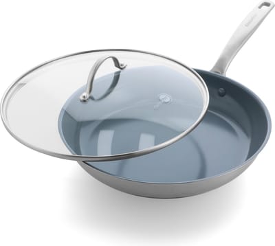 GreenPan Treviso Koekenpan 30cm - PFAS-vrije antikleeflaag - Koekenpan inductie - Keramische pan - Ovenbestendig tot 220°C - RVS handgepen - Met glazen deksel - Zilver