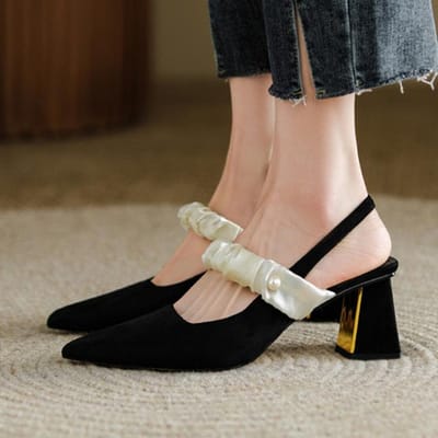 Luxe Dames Sexy Hoge Hakken Sandalen Chunky Fad Suède Puntige Neus Schoenen Lente Zomer Nieuwe Pumps Dames Slingback Slippers 40 zwart
