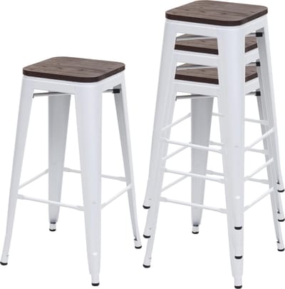 Set van 4 barkrukken MCW-A73 incl. houten zitting, barkruk tegenkruk, metaal industrieel ontwerp stapelbaar ~ wit