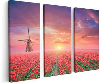 Artaza Canvas Schilderij Drieluik Rode Rozen Bloemenveld Met Een Windmolen - 120x80 - Foto Op Canvas - Canvas Print