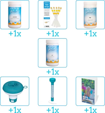 Zwembad Onderhoudspakket - Onderhoud Zwembad - bevat Chloor - Testrips - PH-min - PH-plus - Chloordrijver - Thermometer en Zwembadgids (7-delig)