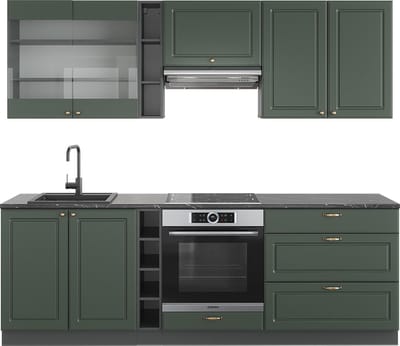 Vicco Fame-Line Complete keukeneenheid – 235 cm, WB Antraciet Groen-Goud Landhuis/Antraciet