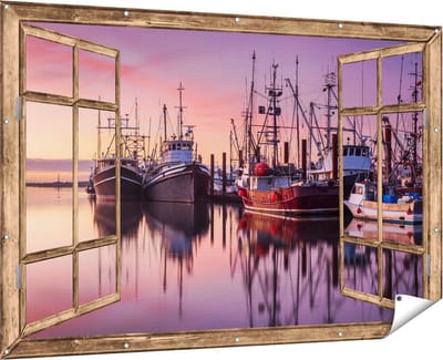 Gards Tuinposter Doorkijk Schepen in de Haven - Boten - 180x120 cm - Tuindoek - Tuindecoratie - Wanddecoratie buiten - Tuinschilderij