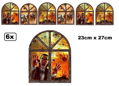 6x Raamstickers 3D assortie  23 x 27 cm - Halloween griezel scary thema feest festival horror
