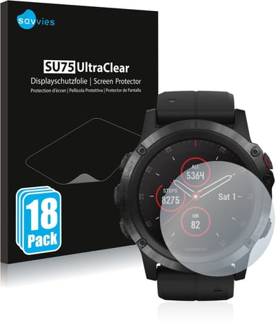 Savvies - Screenprotector voor Garmin Fenix 5X Plus (51 mm) - Folie Beschermfolie transparant 18 Stuks
