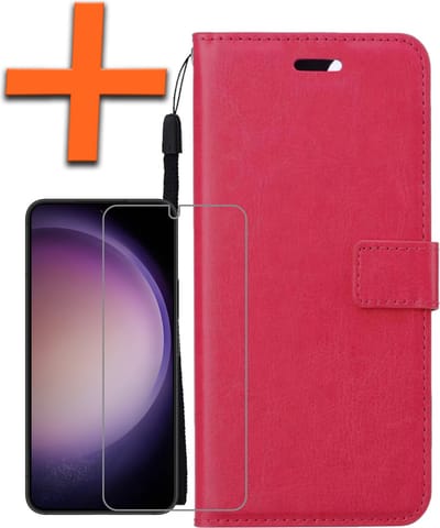 Hoes - Met Screenprotector - Geschikt voor Samsung Galaxy S23 - Luxe Pasjeshouder - Bookcase Portemonee - Flip Case - Kunstleer Book Case - Flipcase - Book Cover - Walletcase - PortemonneeHoes - Donkerroze