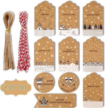 Set van 100 kerstcadeau labels van kraftpapier, duurzame en feestelijke cadeau etiketten voor de feestdagen