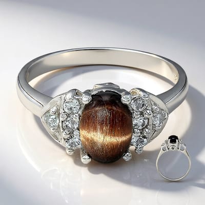 Cavill - Zilveren Ring - 925 Sterling Zilver - Rode Tijgeroog 0,89 ct Ovaal Cabochon - Witte Topaas 0,271 ct - Elegante Damesring Maat 17