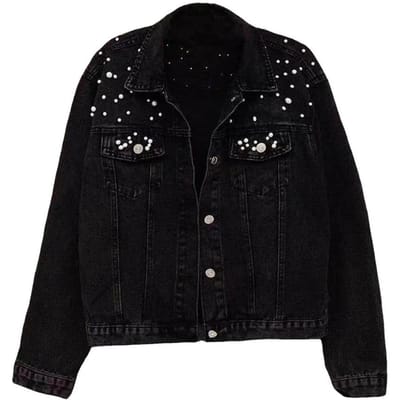 Damesjas Stijlvolle Winter Dames Denim Jas met Kralendecoratie Plus Size Lange Mouwen Reverskraag Casual Streetwear Jas XXXL black