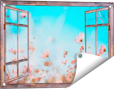 Gards Tuinposter Doorkijk Paarse Kosmos Bloemen - 60x40 cm - Tuindoek - Tuindecoratie - Wanddecoratie buiten - Tuinschilderij