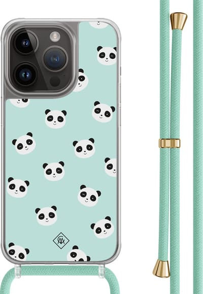 Casimoda® hoesje met mintgroen koord - Geschikt voor iPhone 14 Pro - Panda Print - Afneembaar koord - TPU/polycarbonaat - Mint