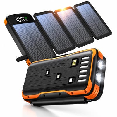 Sounix Powerbank Zonne-energie - 22.5W Snellader & batterij-indicator - 30.000 mAh - Ingebouwde kabels - Met Zaklamp - Outdoor - IP67 - Zwart/Oranje