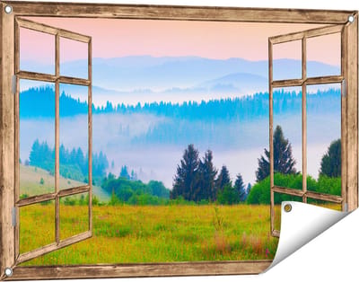 Gards Tuinposter Doorkijk Mistige Heuvel Landschap met Bossen - 90x60 cm - Tuindoek - Tuindecoratie - Wanddecoratie buiten - Tuinschilderij