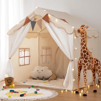 besrey 2-in-1 Kinder Speelhuis Indoor met Mat en Lichtjes, Kindertent voor binnen, Speeltent voor Binnen, Kinderhuis, Prinsessentent, Kinderspeelhuis, Knus Hoekje Kinderkamer Decor (Beige)